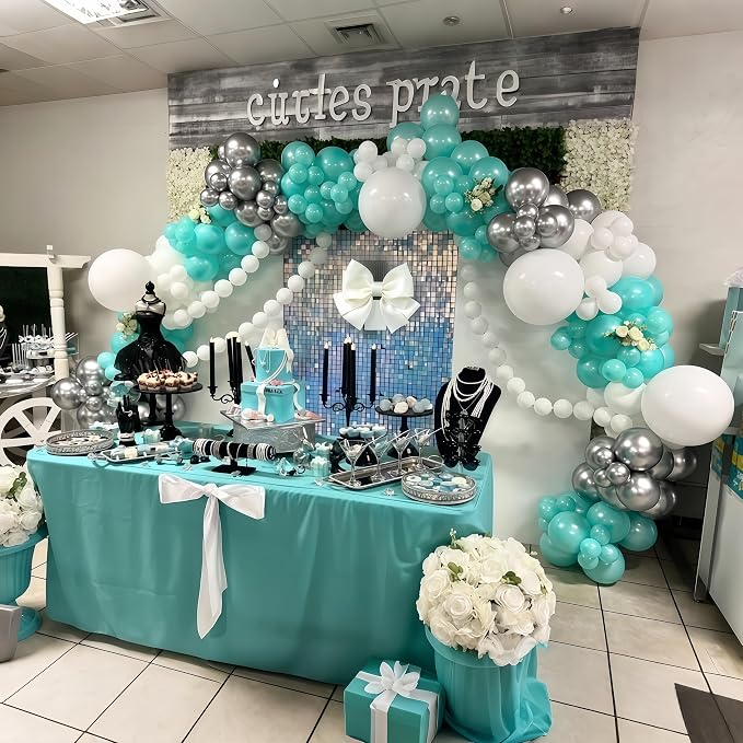 Teal Blue Silver Balloons, Aqua Blue White Silver - Image 4