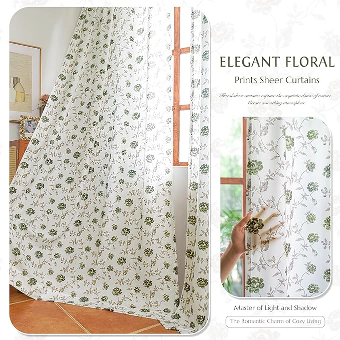 Beauoop Floral Sheer Curtains for Bedroom Green Brown 52x96 2 Panels | Semi - Image 2