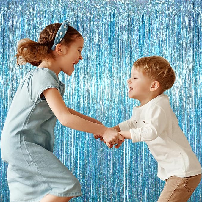 Voircoloria Light Blue Foil Fringe Backdrop Curtains, Birthday Party Decorations - Image 5