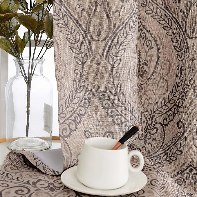 Grey Paisley Linen Textured Curtains 84 in Vintage Grommet 2 Panels | Room - Image 8
