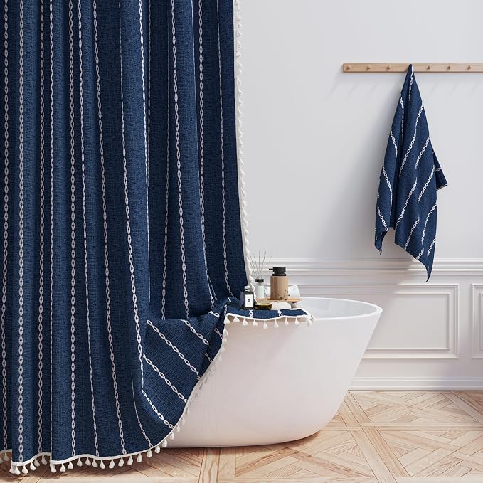 White Boho Farmhouse Linen Heavy Duty Cloth Shower Curtain Set, 72x72 | 330GSM by ShowerCurtain