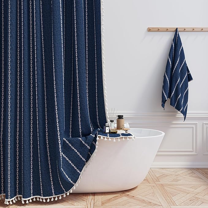 Small Boho Linen Heavy Duty Cloth Shower Curtain, 330GSM Linen Blend, Water by ShowerCurtain