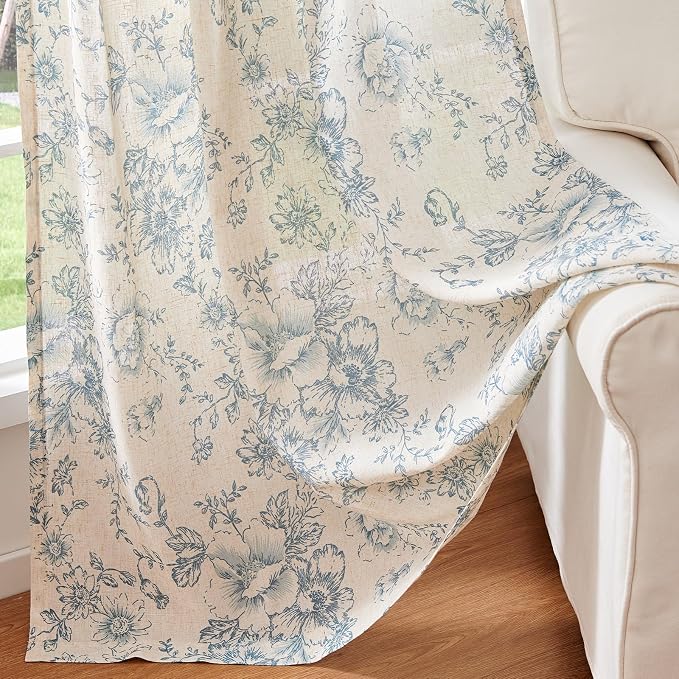 jinchan Blue Floral Linen Curtains 54 Inch Vintage Back Tab 2 Panels | Light - Image 5