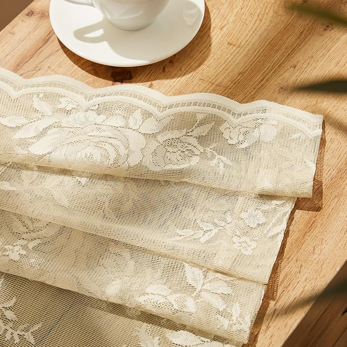 Beige Lace Curtains 96 Inches Long 2 Panels Sheer Floral Curtains - Image 7