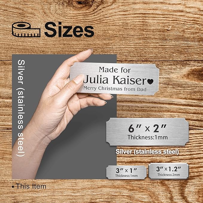 Personalized Name Plates, Silver Engraved Plaque, Stainless Steel Trophy Plates Engraved, Custom Name Plate with Adhesive Backing or Screws, 6" W x 2" H