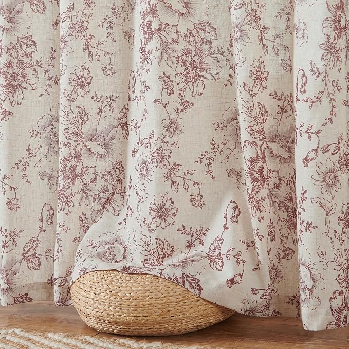 jinchan Red Floral Linen Curtains 90 Inch Vintage Back Tab 2 Panels | Light - Image 5