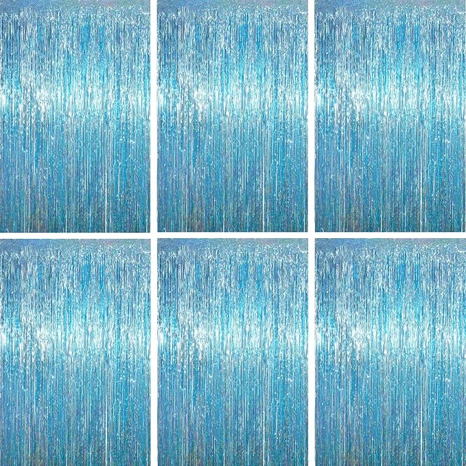 Voircoloria Light Blue Foil Fringe Backdrop Curtains, Birthday Party Decorations by Voircoloria