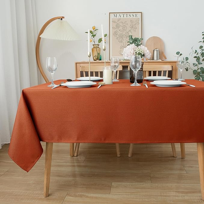 Biscaynebay Fall Tablecloth Textured Fabric 90x132 Inch Rectangular, Rust Thanksgiving Autumn Harvest Water Resistant Fabric Tablecloths for Kitchen, Dining, Wedding, Parties Machine Washable