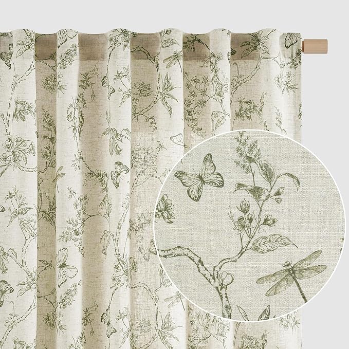 Green Floral Linen Curtains Farmhouse Rod Pocket 50W X 90L 2 Panels | Charlotte by Lazzzy