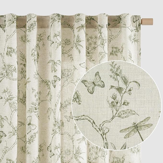 Green Floral Linen Curtains Farmhouse Rod Pocket 50W X 84L 2 Panels | Charlotte by Lazzzy