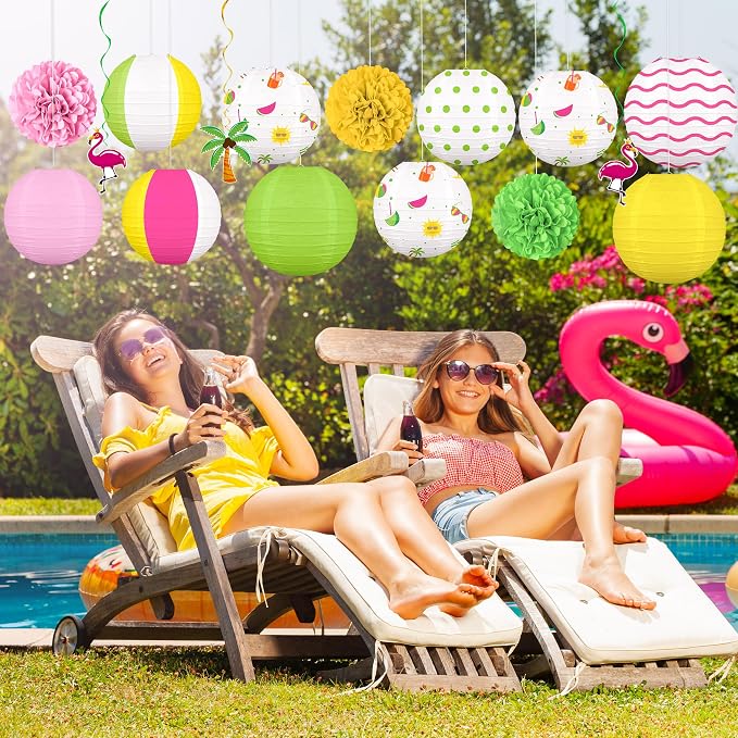 16Pcs Summer Party Decorations Paper Lanterns Pom Poms Hanging Swirls - Image 2