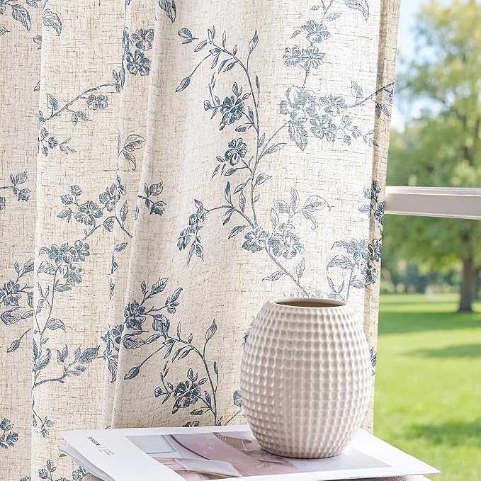 jinchan Blue Floral Linen Curtains 63 Inch Country Drapes Back Tab 2 Panels | - Image 7