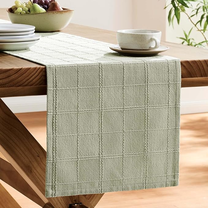 Linen Checked Farmhouse Table Runner, 13x72 Inches Seeding Green | Raised Grid - Image 4