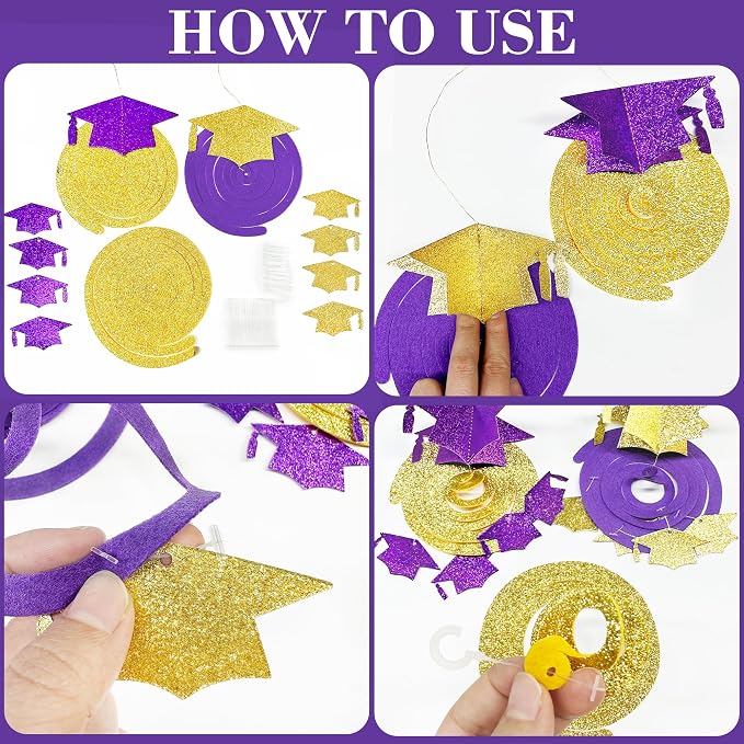 24Pcs Purple Gold Graduation Grad Cap Hanging Felt Swirl Streamer Spiral - Image 3
