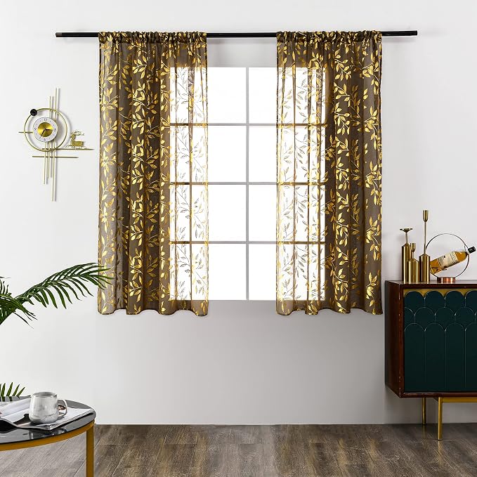Sutuo Home Sheer Curtains 63 Inches Long 2 Panels Set, Luxury Gold Foil Print - Image 2