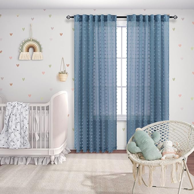 KOUFALL Grey Blue Curtains for Baby Nursery, Boho Pom Pom Light Filtering Sheer - Image 4