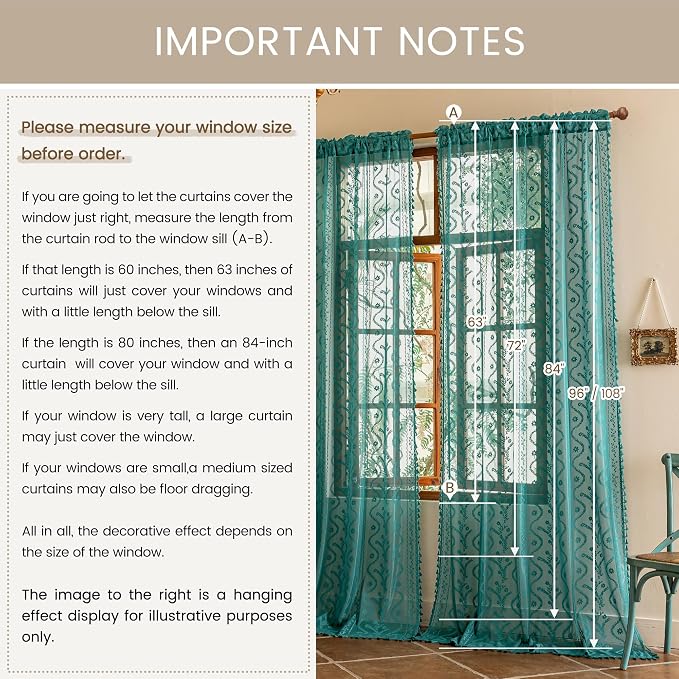 WAZZIO Boho Lace Curtains 2 Panels 96 Inch -Victorian Sheer Panel Drape French - Image 7