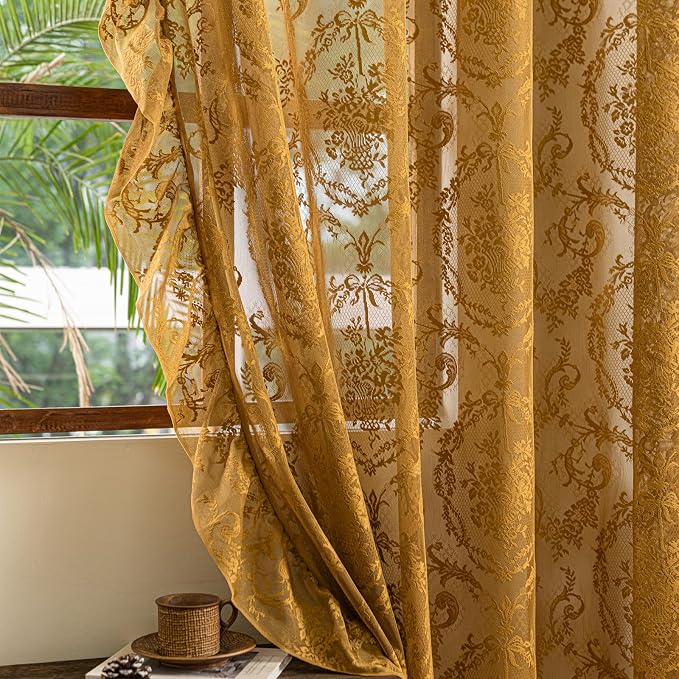 Deeprove Boho Gold Lace Sheer Curtains 84 inches Long 2 Panels Set - Image 2