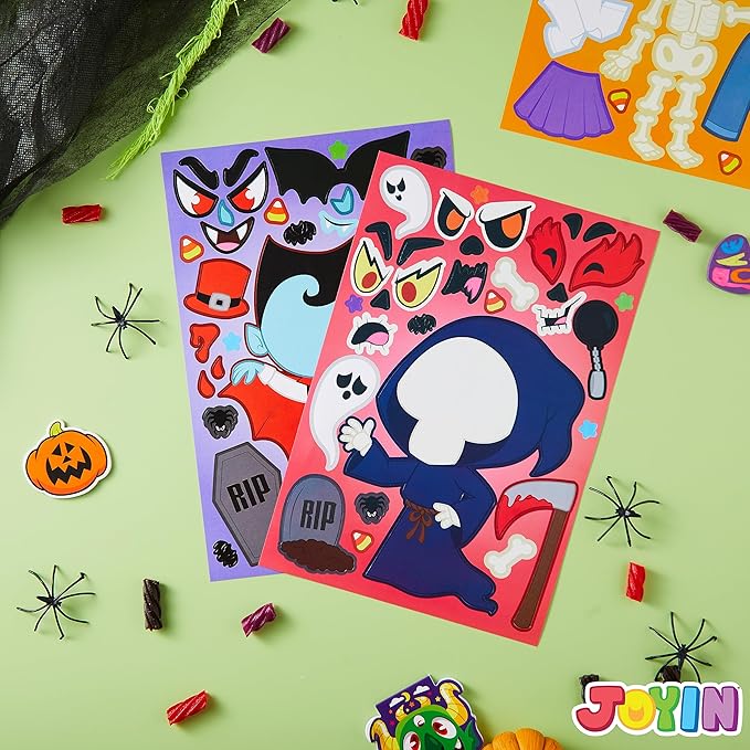 JOYIN 48 Pcs Halloween Make a Face Stickers, Halloween Party Favor for Kids, Art Craft Party Supplies, Classroom Activities Games Goodies, Sticker Sheets with Witch, Vampire Designs