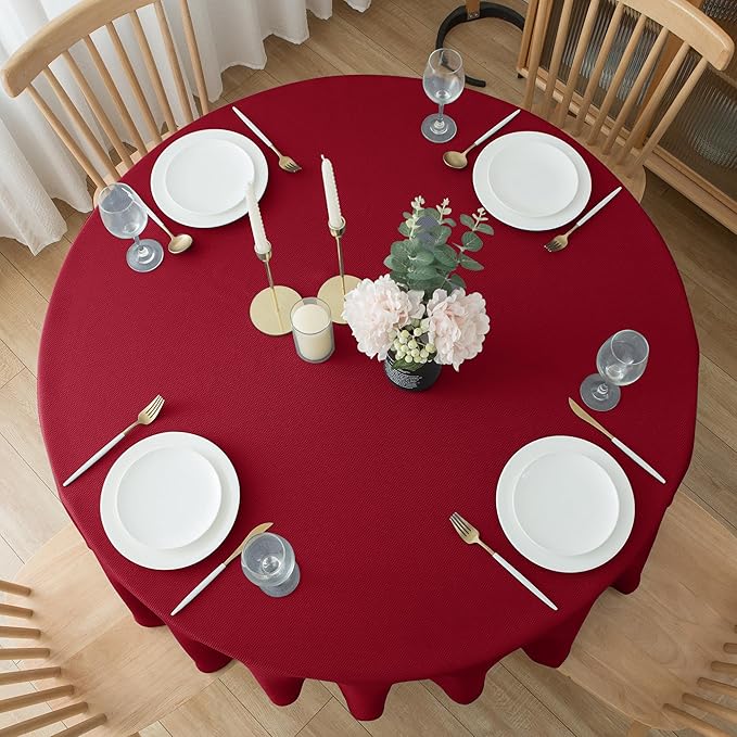 Biscaynebay Textured Fabric Christmas Round Table Cloth 90", Red Water Resistant Spill Proof Folding Table Covers for Dining, Kitchen, Wedding & Parties Machine Washable