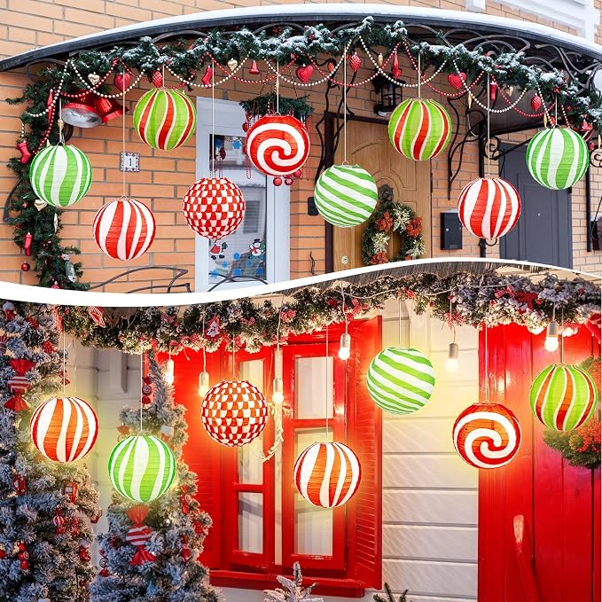 Panelee 12 Pcs Christmas Peppermint Paper Lanterns 8 Inch Red Green White Candy - Image 5