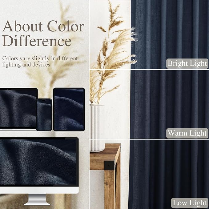 Navy Blue Linen Curtains 102 Inches Long - Image 4