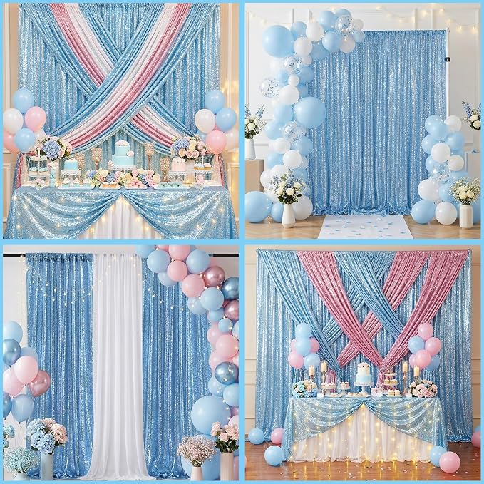 Baby Blue Sequin Backdrop Curtains Party Photo Glitter Drapes 2 Pcs 2FTx8FT | - Image 4