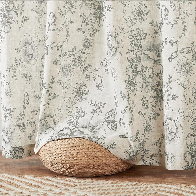 jinchan Gray Floral Linen Curtains Lined 96 Inch Vintage Back Tab 2 Panels | - Image 8