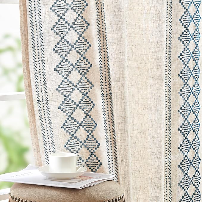 jinchan Floral Linen Curtains Embroidered Back Tab 50x63in 2 Panels Blue | by JINCHAN