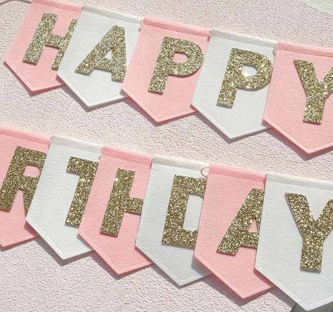 Felt Pink Gold White Happy Birthday Banner Birthday Decorations - Image 4