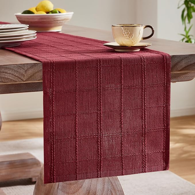 Linen Checked Farmhouse Table Runner, 13x60 Inches Burgundy | Raised Grid Design - Image 4