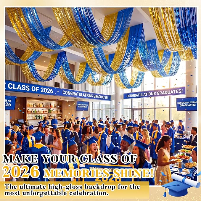 4 Pcs 15ft Gold Blue Metallic Foil Ceiling Fringe Curtains, Fringe Drapes - Image 3