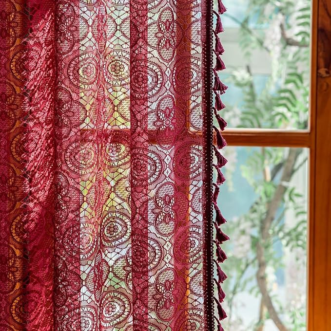 Burgundy Boho Lace Curtains, 59 X 72 inch, Wine Red Sheer Window Panels | by YJYANJUN