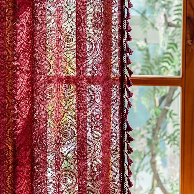 Burgundy Boho Lace Curtains, 59 X 90 inch, Wine Red Sheer Window Panels | - Image 2