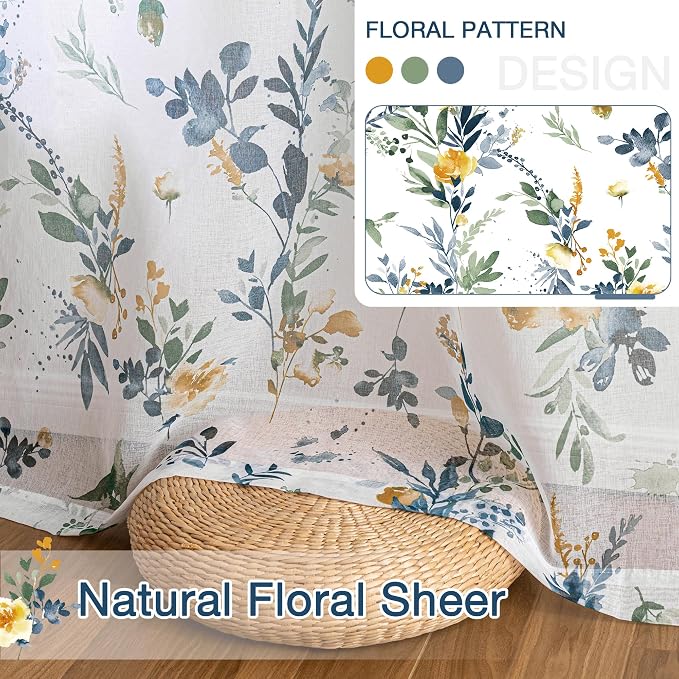 MYSKY HOME Yellow and Blue Sheer Floral Curtains 72 Inch Length 2 Panels | - Image 5
