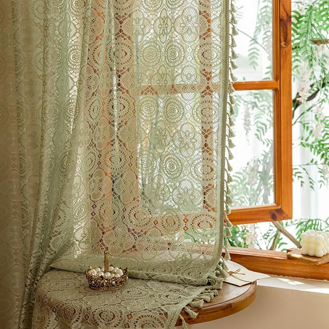 YJ YANJUN Boho Lace Curtains, Sage Green Sheer Window Panels | Geometric by YJYANJUN