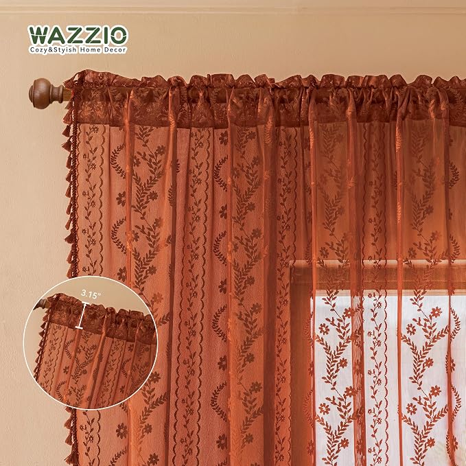 WAZZIO Boho Lace Curtains 54 Inch 2 Panels-Vintage Sheer Panel Drape Floral - Image 5