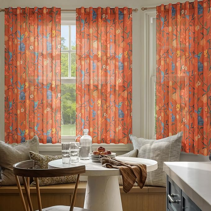 54 Inch Boho Floral Curtains Tropical Bird Print Linen Semi Sheer Window Drapes - Image 6