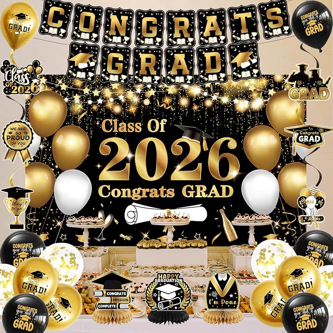 DARUNAXY Black Gold Graduation Party Decorations, 2026 Congrats Grad Honeycomb - Image 7