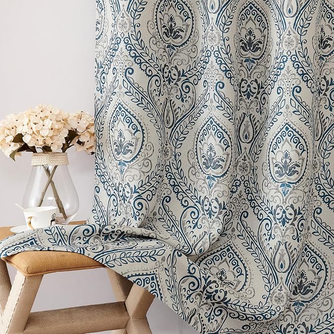Navy Paisley Linen Textured Curtains 96 in Vintage Grommet 2 Panels | Room - Image 8