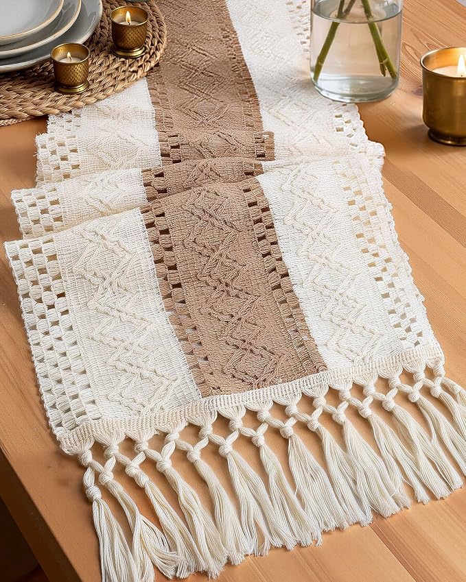 Pureegg Boho Table Runner 12 x 90 Inch, Woven Tassel Design | Dining Table by Pureegg