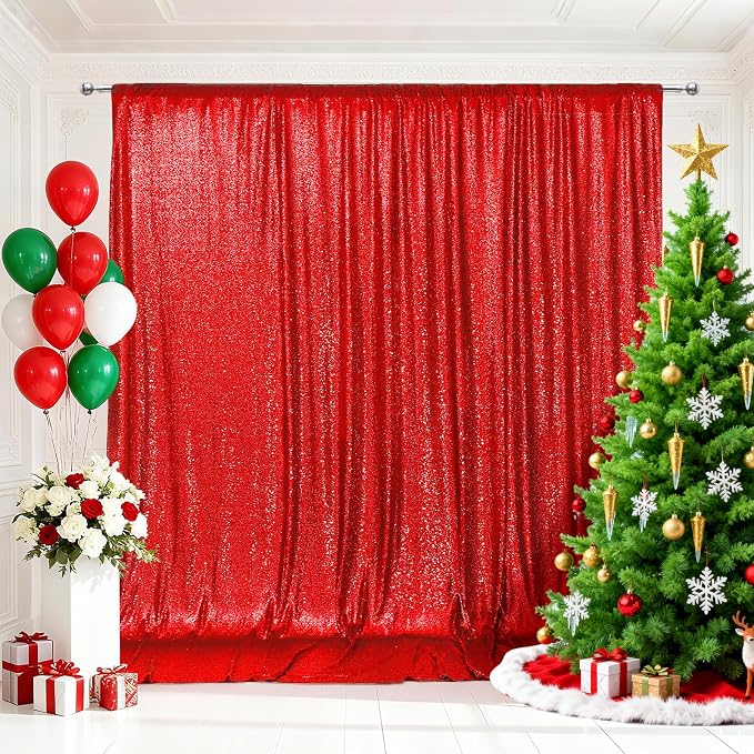 PartyDelight Red Sequin Backdrop 6x8ft Sparkly Photo Curtain | 4 Inch Rod by PartyDelight