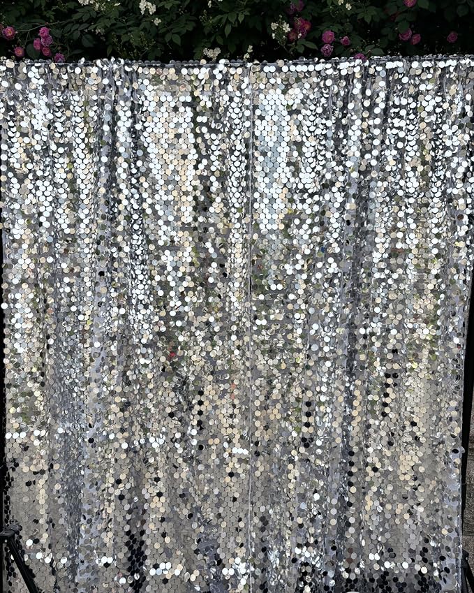 Silver Sequin Backdrop 18MM Large Sequins, 4x10 Feet, 2 Panel Glitter Sparkler - Image 7
