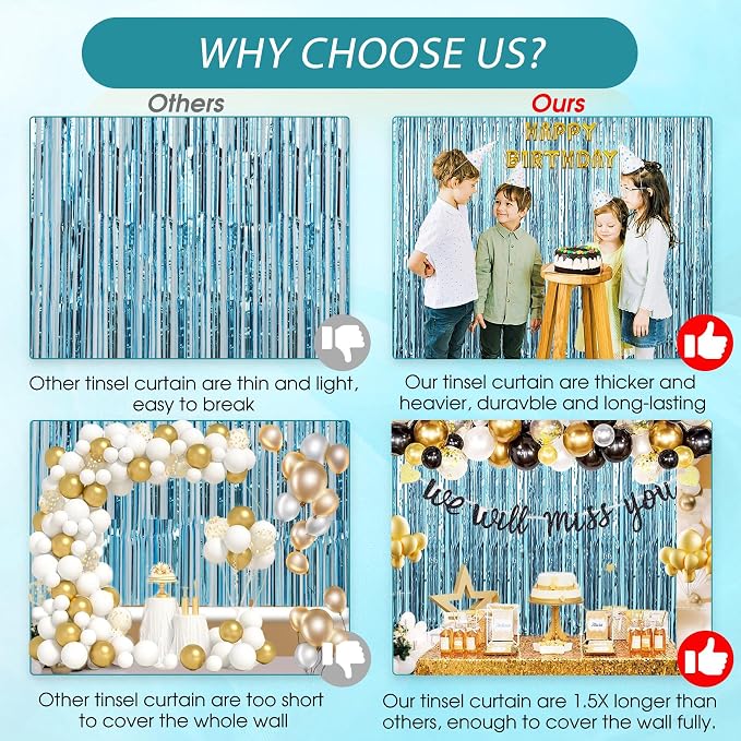 TenLaitech 3 Pack 3.3 x 9.9 ft Light Blue Foil Fringe Backdrop Curtain - Image 3