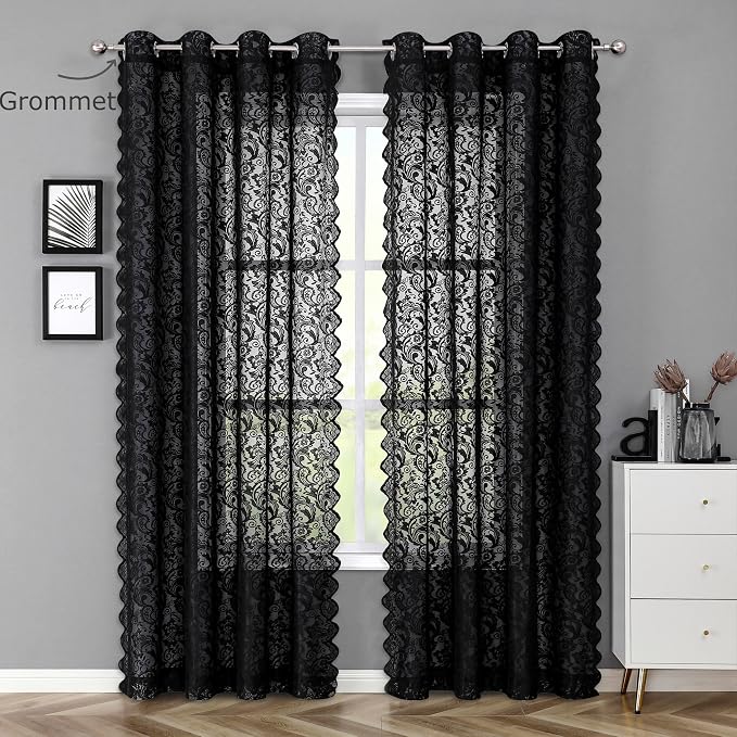 Bujasso Black Sheer Lace Curtains 102 inch Vintage Floral Sheer Window Curtain - Image 6