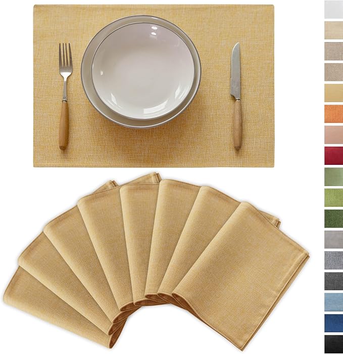 Demetex Yellow Placemats Set of 8 Linen Fabric Placemat Heat Resistant Washable by DEMETEX