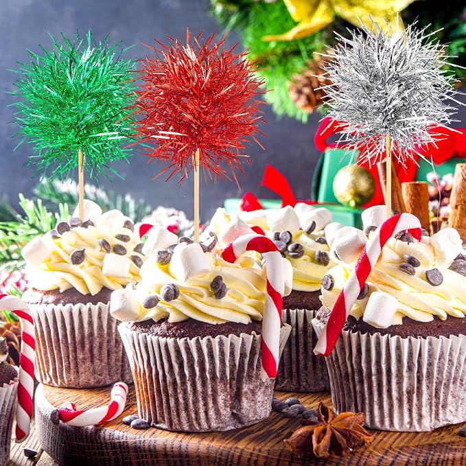Chinco 100 Pcs Foil Firework Cupcake Toppers Sparkle Tinsel Cake Toppers Cake - Image 4