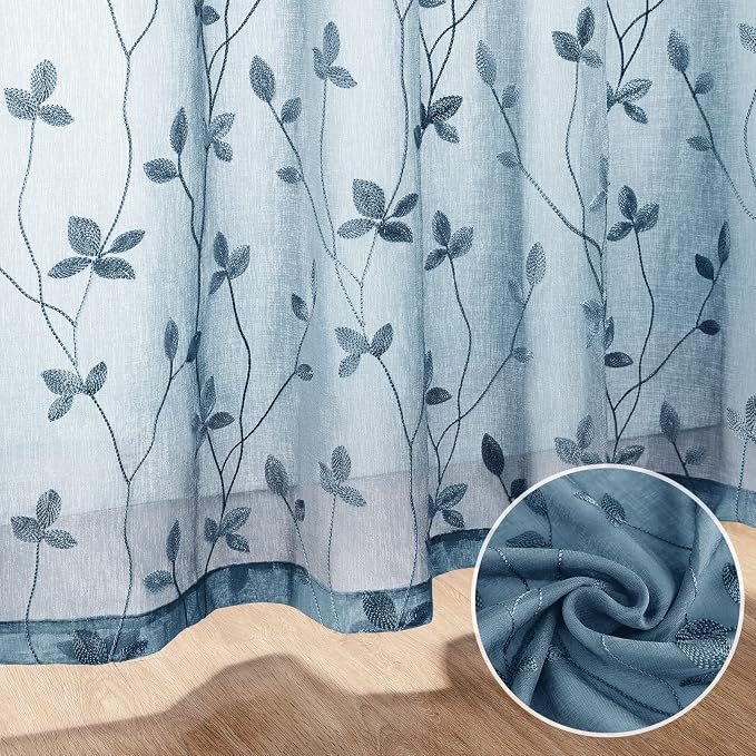 HOMEIDEAS Cyan Blue Sheer Curtains 2 Panels, Embroidered Vine Leaf, W52xL96 | - Image 3