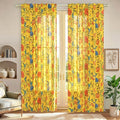 Mustard Yellow Floral Linen Curtains, Boho Whimsical Bird Print Curtains by JOOJA