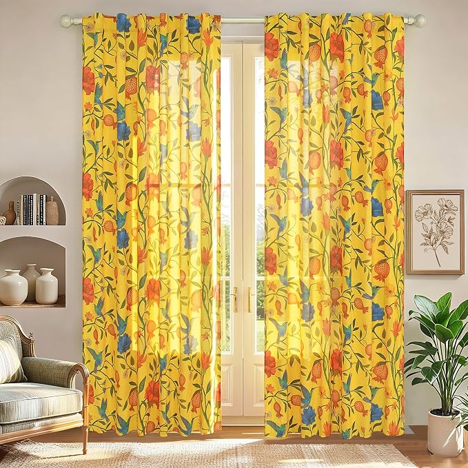 Mustard Yellow Floral Linen Curtains, Boho Whimsical Bird Print Curtains by JOOJA